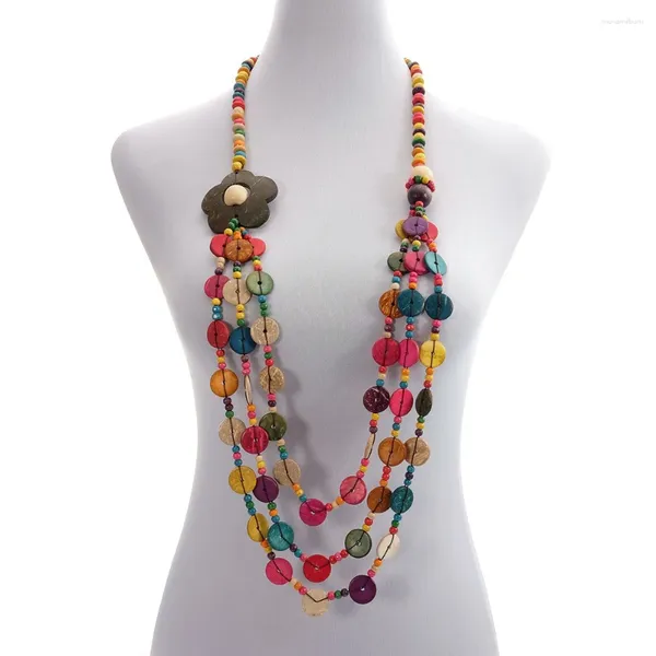 Chaînes Multi Couche Bohème Collier Vintage À La Main Perles Colorées Coquille De Noix De Coco Pendentif Bois Grande Fleur Collier Longues Femmes