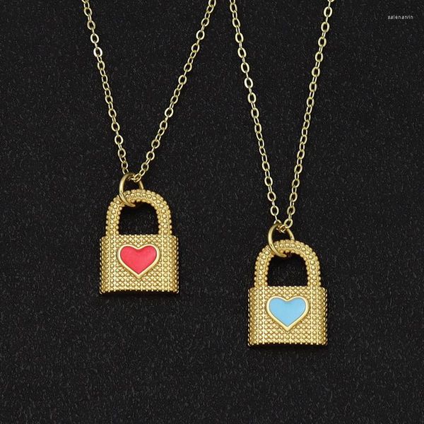 Chaînes Multicolore Cadenas Fil Collier Avec Serrure Pendentif Et Clé Bijoux Émail Coeur Original Fille Joyeria Laminado