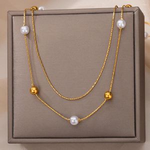 Kettingen Meerlagige imitatie Pearl kralen Kettingen voor vrouwen roestvrij staal vergulde geometrische balketen choker bruiloft sieraden