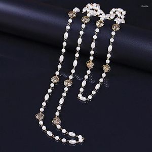 Cadenas Collar de perlas multicapa para mujer Largo de lujo Camelia Flor Cadena de cristal Collares Suéter Joyería de boda Z045