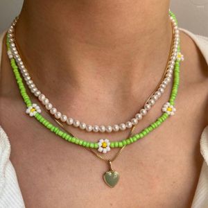 Chaînes multicouches bonbon sucré couleur marguerite riz perle perle colliers de perles pour les femmes coeur charme clavicule chaîne bijoux faits à la main cadeaux