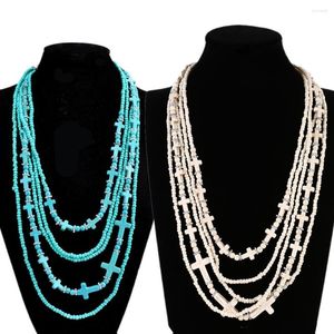 Chaînes multicouche Turquoises longue chaîne perlée collier pour femmes classique croix pendentif pierre naturelle tour de cou cadeaux d'anniversaire
