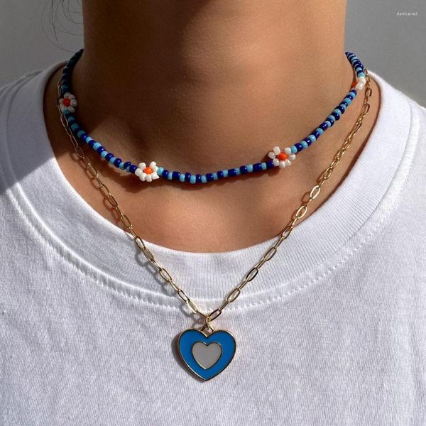 Chaînes multicouches bleu coeur fleur marguerite colliers de perles pour les femmes à la main perle de rocaille doré métal lien chaîne collier bijoux