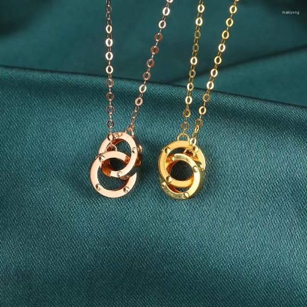 Cadenas Muzhi Real 18K Collar colgante de oro puro AU750 Diseño de anillo doble clásico Moda simple Joyería fina Regalos para mujeres PN041