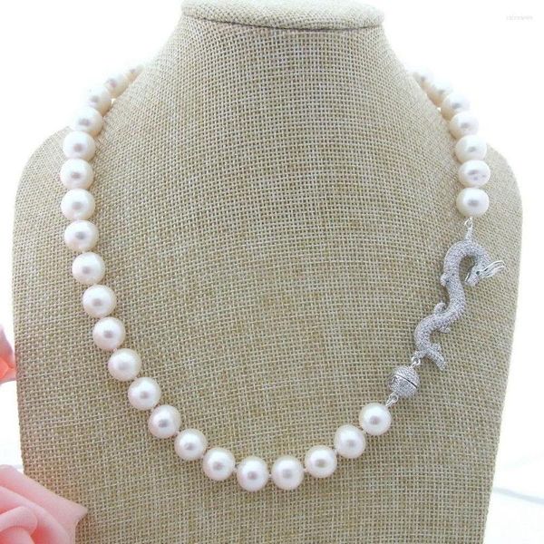 Chaînes Naturelles 10mm Collier de Perles de Coquillage Blanc CZ Dragon Fermoir 20