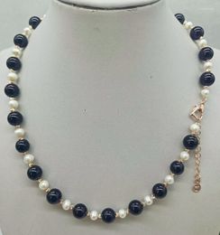 Chaînes Naturel 5-6mm Perle de Culture Blanche 10mm Agate Noire Perles Rondes Collier 18 Pouces Bijoux De Mode Cadeau