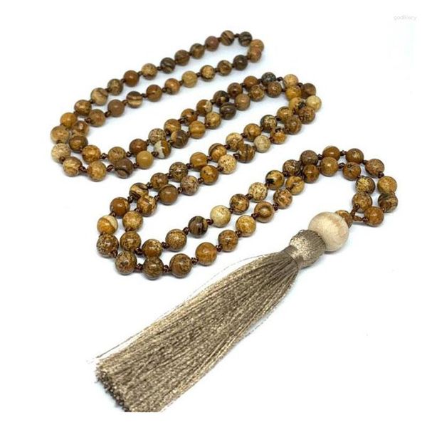 Chaînes Naturel 6mm Image J-asper Mala Collier De Guérison Noué À La Main 108 Gland Colliers Japa Yoga Bijoux Cadeau