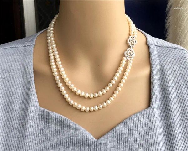 Chaînes naturelles 7-8mm perle d'eau douce blanche nouée à la main 43-48cm double collier bijoux rares