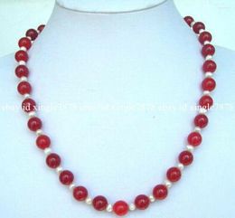 Cadenas Collar de perlas cultivadas blancas de piedras preciosas redondas de jade rojo natural de 8 mm 20 pulgadas