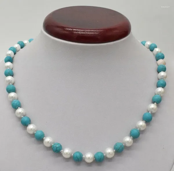 Chaînes Naturel 8mm Coquille Blanche Perle Bleu Turquoise Perles Rondes Collier 16-24''