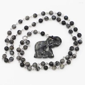 Chaînes Naturel Noir Paillettes Pierre Perles Rondes Sculpture Éléphant Pendentif Collier Charmes DIY Chandail Chaîne Bijoux En Gros Cadeau 3 Pcs