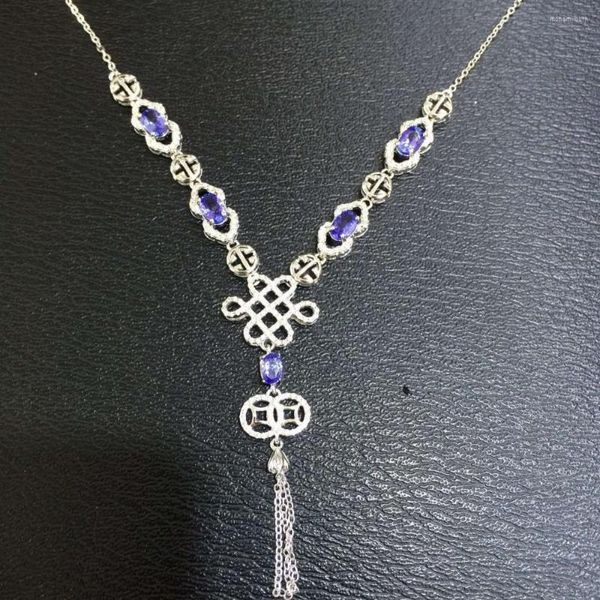 Chaînes naturel bleu Tanzanite Tourmaline collier pendentif en pierres précieuses S925 argent à la mode noeud chinois femmes fête bijoux