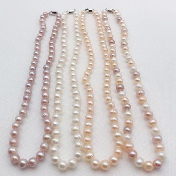 Cadenas Hilo de perlas cultivadas de agua dulce natural 7-8 mm Blanco Rosa Púrpura Collar multicolor 925 Cadenas de plata esterlina