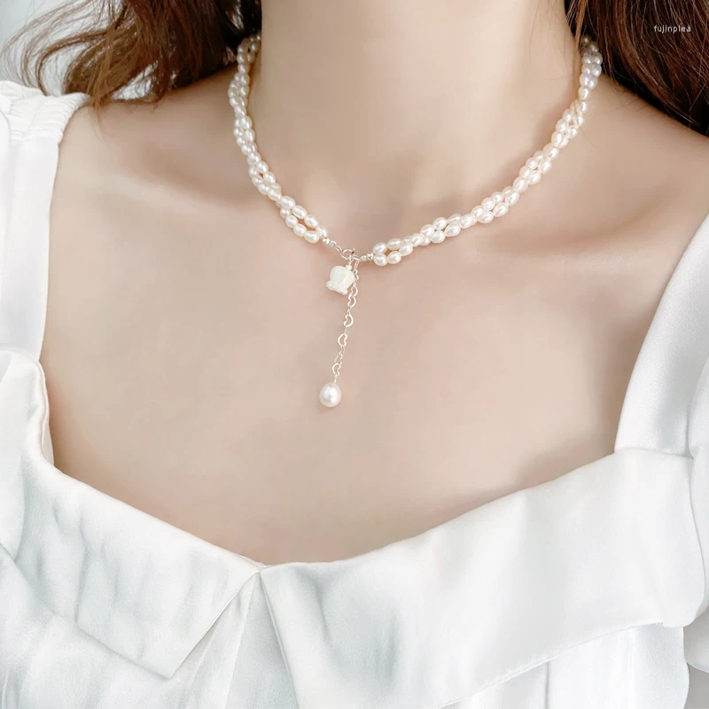 Catene Doppia collana di perle d'acqua dolce naturali Argento sterling 925 Gioielleria raffinata fatta a mano per regalo da donna
