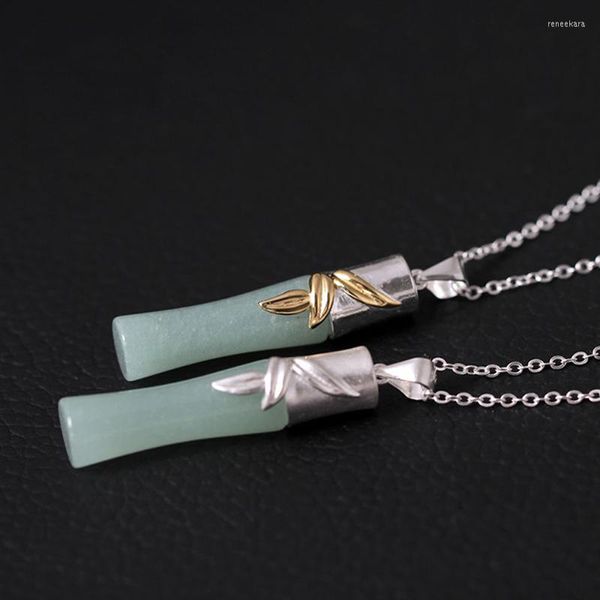 Cadenas de bambú de Jade verde Natural collares colgantes auténtica joyería de plata de ley 925 para mujer Original hecho a mano fino