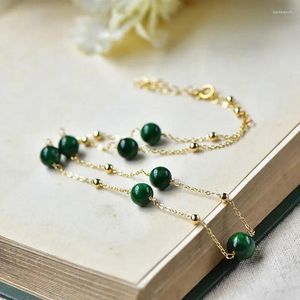 Chaines Collier de perles rondes de jade vert naturel pour femmes 14k Chaîne de clavicule remplie de clavicule Retro Charme Elegant Lucky Jewelry