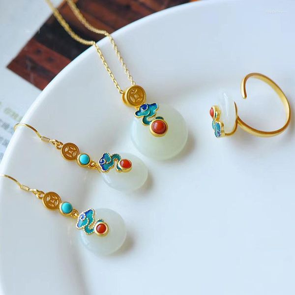 Chaînes collier de jade naturel bouton de sécurité boucle d'oreille anneau bracelet ensemble femmes homme cadeau