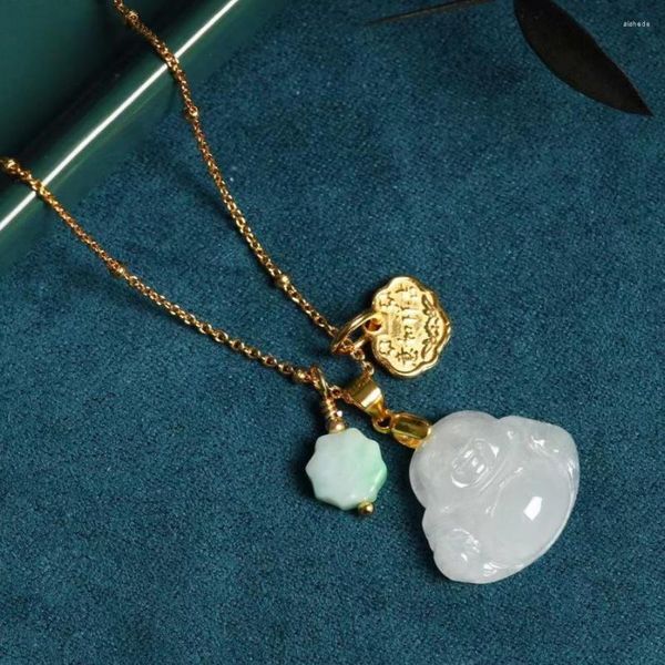 Chaînes Naturel Jadeite Maitreya Bouddha Pendentif Collier Court Sterling Argent Épais Plaqué 18K Bijoux En Or Réglable Hypoallergénique