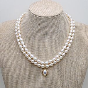 Chaînes collier de perles de perles naturelles culture d'eau douce riz blanc forme Double brins pendentif perlé pour bijoux femmes cadeau