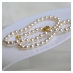 Chaînes Naturel Perle Blanc 6.5-7mm Clavicule Collier Coeur D'or Magnétique Tube Bar Fermoir Chaîne Pour Femmes Fille Cadeau De Fête De Mariage