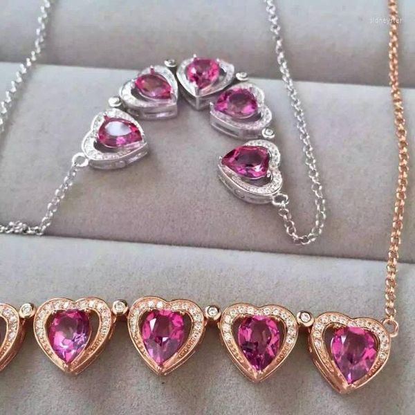 Cadenas Natural Pink Topaz Piedra Collar Colgante de piedras preciosas S925 Plata Dos desgaste Moda Romántico Corazón Mujeres Joyería Cadenas Sidn22