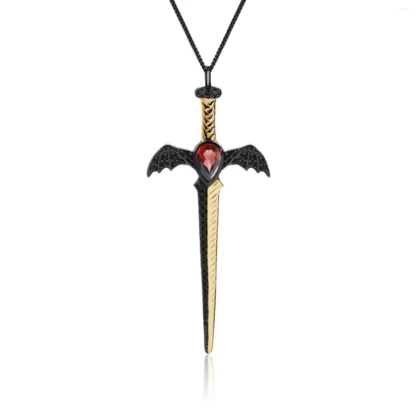 Cadenas Natural Red Garnet 925 Sterling Silver Bat'S Wing Espada Collar Vintage Punk Joyería Fina