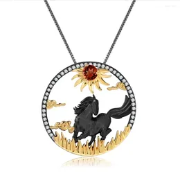 Kettingen natuurlijke rode granaat Zodiac edelsteen 925 sterling zilver handgemaakte zon paard hanger sieraden