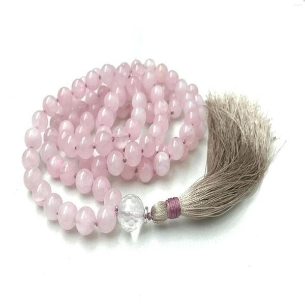 Cadenas Cuarzo rosa natural 108 Cuentas Borla Collar anudado Chakra Muñequera Reiki Colorido Bendición Yoga Clásico