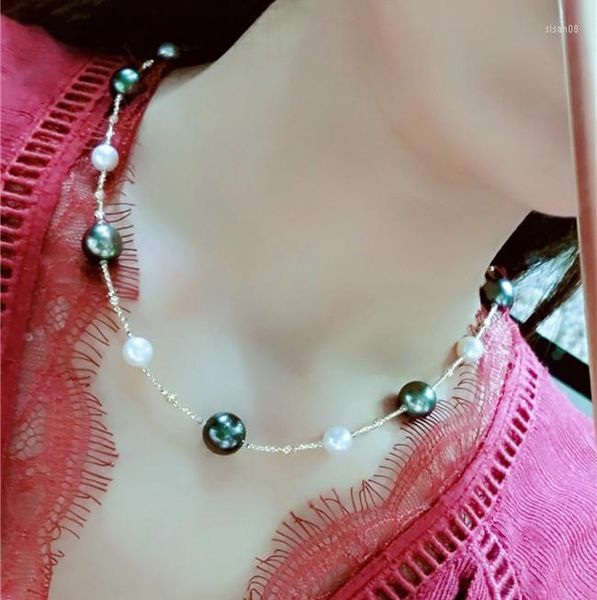 Cadenas Agua de Mar Natural Tahití Collar de Perlas Negras Verde Malaquita Oro 18k Importado Láser