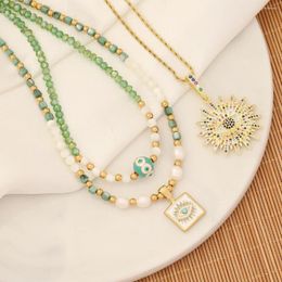 Chaines Collier de perles en couches en pierre naturelle pour femmes Palme Palme Pendre Soleil Fleuron en acier inoxydable Chaîne de clavicule