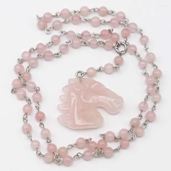 Chaînes Pierre Naturelle Perle Ronde Quartz Rose Sculpture Tête De Cheval Pendentif Collier Chandail Chaîne Fabrication De Bijoux Accessoire En Gros 3 Pcs