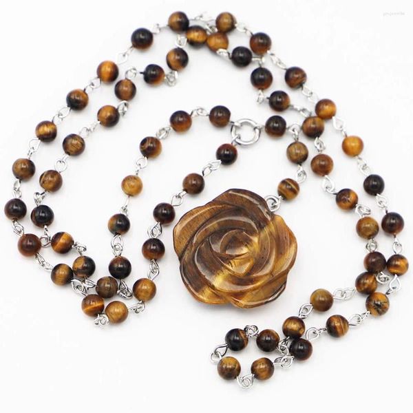 Chains Naturel Tiger Eye Stone Rose Rounds Perles Fleur Collier Pendant Chaîne Chaîne Charmes de mode Bijoux Fashion Making Wholesale Gift 3PCS