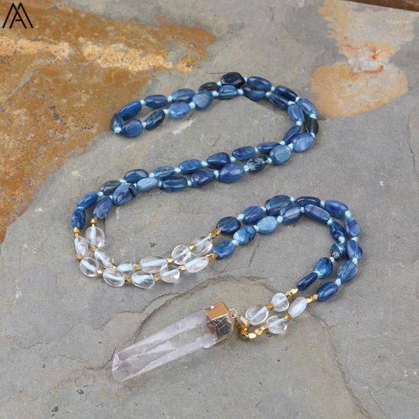 Cadenas Cuarzo blanco natural Punto de forma libre Colgante Cianita azul Nugget Beads Collar de nudo hecho a mano Largo 32 pulgadas N0286AMCH