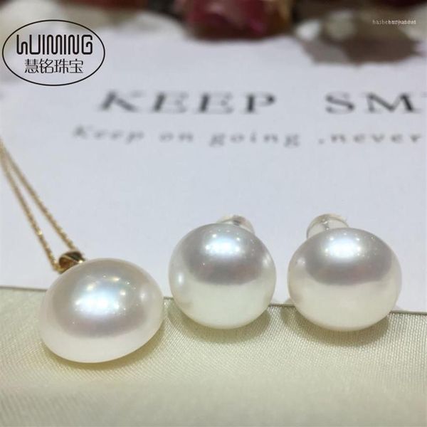 Chaînes Nature White Sound Sea Pearl Coin Mabe 18k Pendentif Boucles d'oreilles 13-14mm Perles entières FPPJ13174