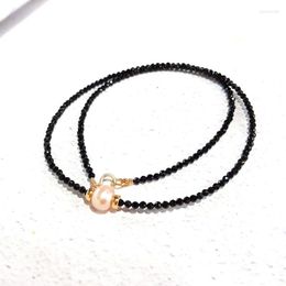 Collier Chaînes Spinelle Noir 2mm Perles Facettées 9-10MM Perle Rose Fermoir Argent 925