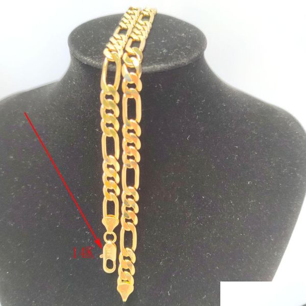 Cadenas Collar Cadena Oro real Sólido Fino Stamep 14K Latón Ed Hombres Figaro Bling Link 600Mm 8Mm Entrega de gota Collares de joyería Penda Dh4Es