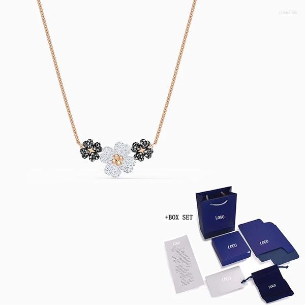 Chaînes Collier Or Rose Deux Trèfles Et Une Magnifique Fleur Décorée Cristal Femme Romantique Bijoux Cadeau