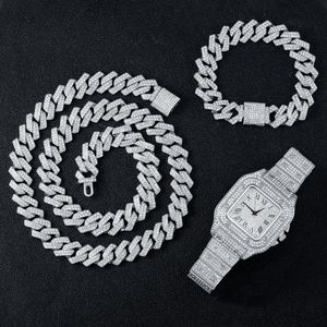 Chaînes Collier Montre Bracelet Hip Hop Chaîne Cubaine Couleur Argent Complet Glacé Pavé Strass Hommes Bijoux EnsembleChaînes ChaînesChaînes