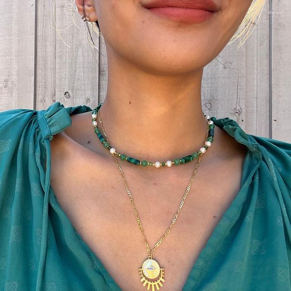 Chaînes Collier Femmes Vintage Strand Chain Choker Pierre Naturelle Perle Jade Vert Pipe Perles Colliers Romantique En Acier Inoxydable Bijoux