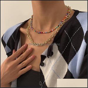 Cha￮nes Colliers Pendants Bijoux Hip Hop Double couche Crossal Chain Retro Colorf Rice Femmes Punk Party Gift Gold Link Europ￩en