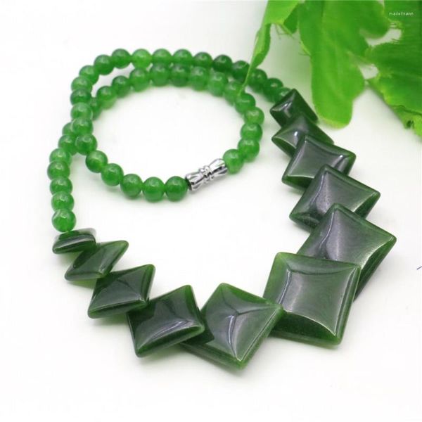 Chaînes Néo-Gothique Naturel Vert Jades Diagonal Carré Pendentif Collier Perles Bijoux Corde Chaîne Femmes Yoga 18 pouces Y1078