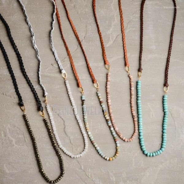 Cadenas NM21726 Bohemio Collar de cuero trenzado Collar de piedra Rondelle Beads Joyería hecha a mano para mujeres