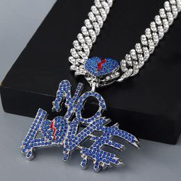 Chaînes No Love Iced Out Lettres Pendentidants avec des colliers en strass de chaîne de liens cubains de 13 mm pour les femmes Hiphop Bijoux pour hommes