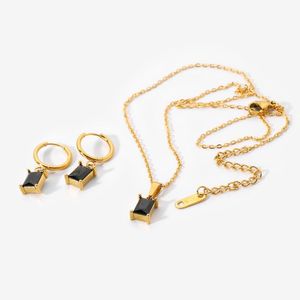 Cadenas Conjunto de joyas de acero inoxidable que no se deslustran Pendientes de aro con dije de circonio cuadrado negro Mini collares colgantes de cristal CZ Cadenas para mujeres