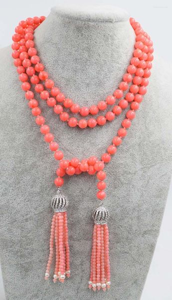 Chaînes un ensemble de collier rond de corail rose boucles d'oreilles glands 40 pouces perles en gros Nature FPPJ femme 2023