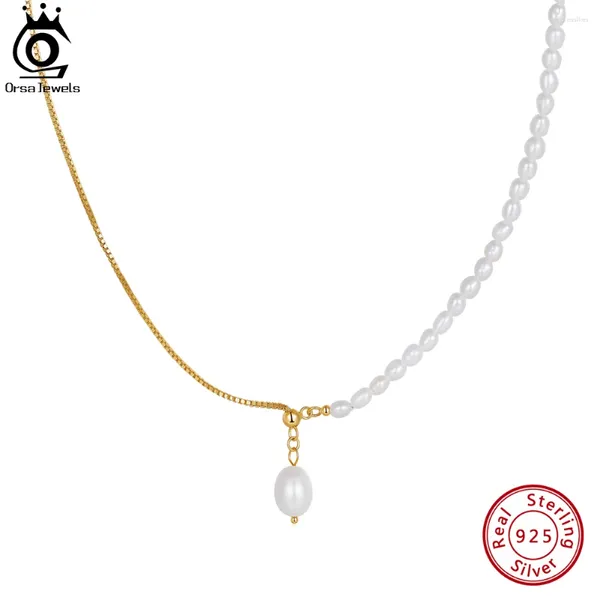 Chaines Orsa Jewels Luxury 925 Chaîne de boîte en argent sterling à moitié collier de perles d'eau douce avec pendentif de 8 mm pour femmes bijoux GPN64