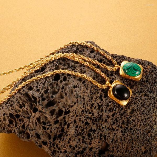 Cadenas Oval Negro Ágata Natural Collar de piedra Colgante cuadrado Joyería para mujeres Cadena de cuerda trenzada Acero inoxidable