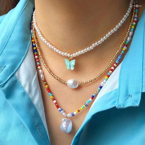 Chaînes Style pastoral Papillon Bijoux Colliers Combinaison Portant Coloré Perlé Cou Long Multirang Perle Pour Femme