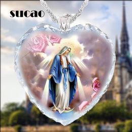 Cadenas Corazón de melocotón Jesús Collar de cuarzo Virgen María Mujer Amor-Corazón Cristal Fe religiosa Joyería de moda Cadenas de regalo Sidn22