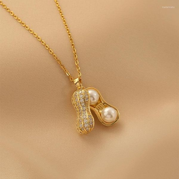 Chaînes pendentif cacahuète incrusté collier en acier titane or 18 carats perle ne se décolore pas mode féminine